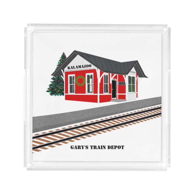 Railroad Train Depot Christmas Square Acrylic Tray (Front)