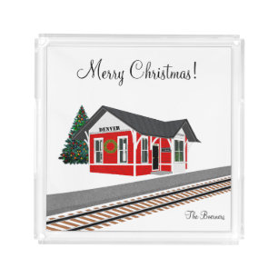 Railroad Train Depot Christmas Square Acrylic Tray