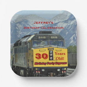 Railroad Train Engine, 30th Birthday, Name, Square Paper Plates