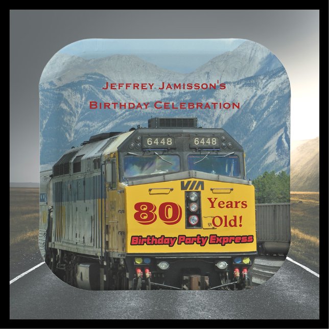 Railroad Train Engine 80th Birthday Party Square Paper Plates (Creator Uploaded)