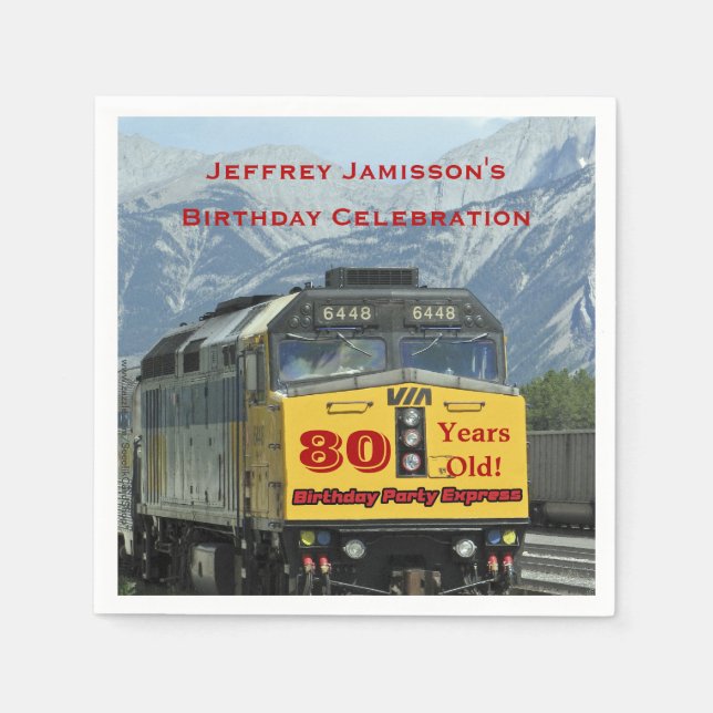 Railroad Train Paper Napkins, 80th Birthday Custom Napkins (Front)