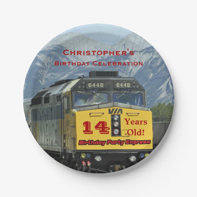 Railroad Train Paper Plates, 14th Birthday, Custom Paper Plates (Front)