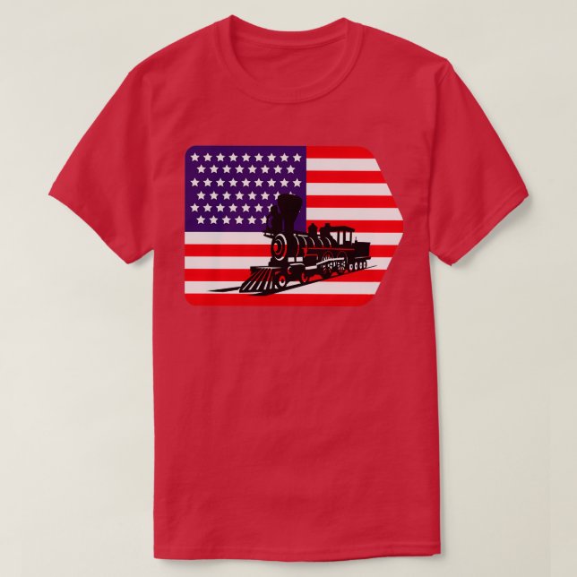 Railroad Train Themed American Flag T-Shirt (Design Front)
