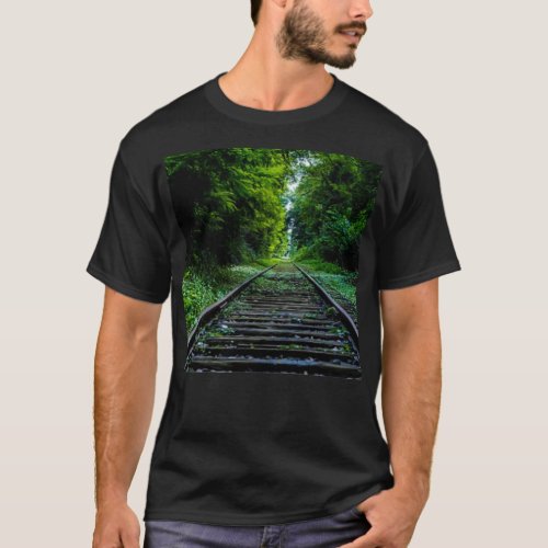 Railroad train tracks forest photography T_Shirt
