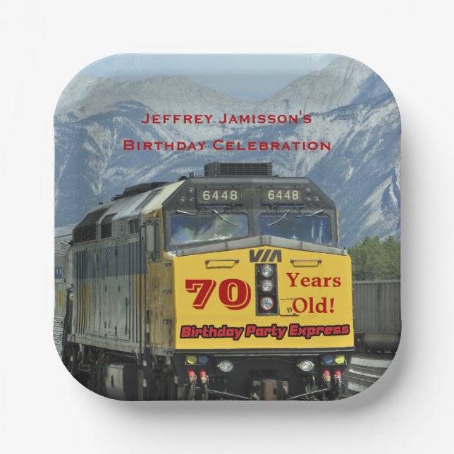 Railroad Train Yellow Engine 70th Birthday, Name Paper Plates (Front)