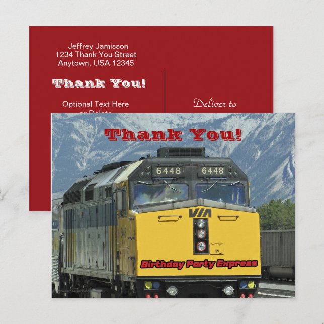 Railroad Train Yellow Engine Thank You Birthday Postcard (Front/Back)