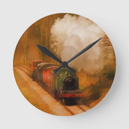 Railway Steam Engine Fine Art for Train_lovers Round Clock