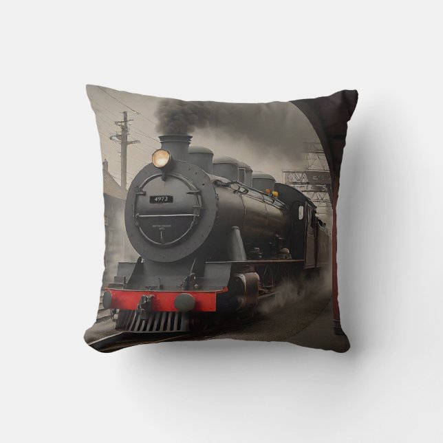 Railway Train Engine at Station Throw Pillow (Front)