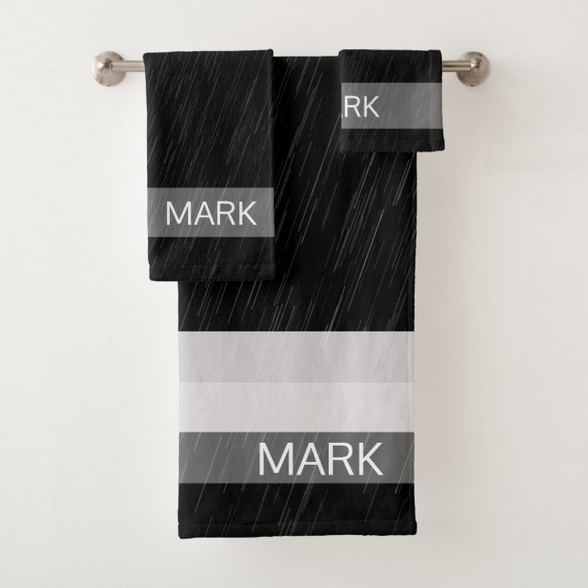 Rain Black and White Pattern, Monogrammed Bath Towel Set (Insitu)