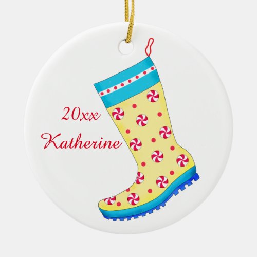 Rain Boot Shoe Lover Christmas Stocking Name Ceramic Ornament