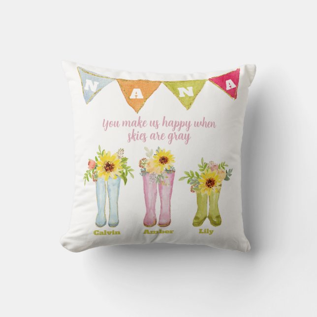 Rain Boot Three Grandkids Nana Quote Throw Pillow (Front)