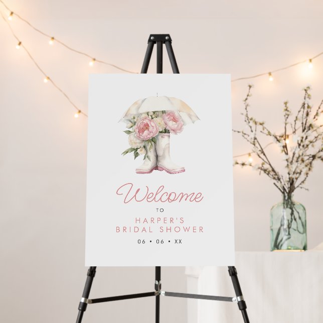Rain Boots & Pink Peonies Bridal Shower Welcome Foam Board (In Situ (Stand))