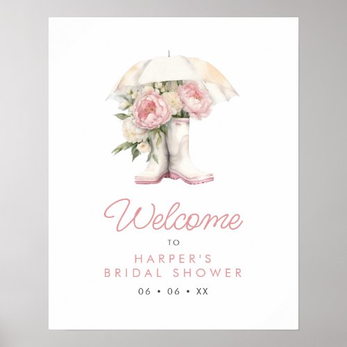Rain Boots  Pink Peonies Bridal Shower Welcome Poster