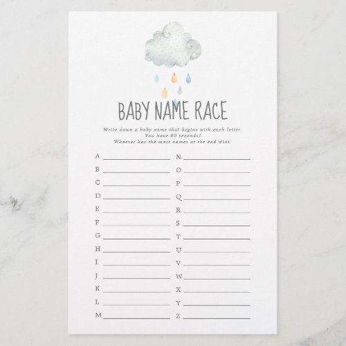 Rain Cloud Boy Baby Shower Baby Name Race Game