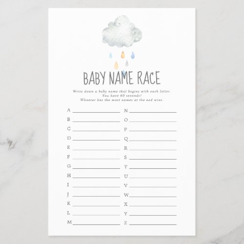 Rain Cloud Boy Baby Shower Baby Name Race Game
