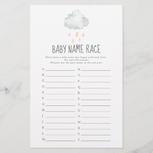 Rain Cloud Girl Baby Shower Baby Name Race Game