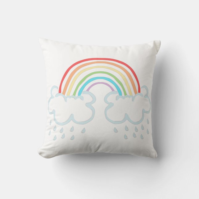 Rain Clouds and Cute Rainbow Throw Pillow (Front)