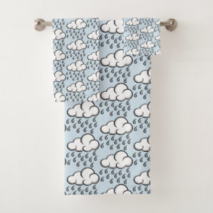 Rain Clouds Illustrated Pattern on Light Blue Bath Towel Set