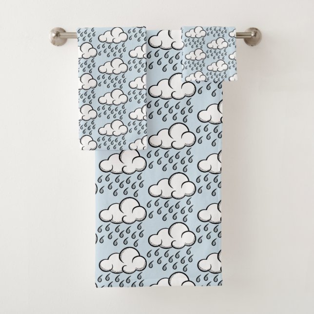 Rain Clouds Illustrated Pattern on Light Blue Bath Towel Set (Insitu)