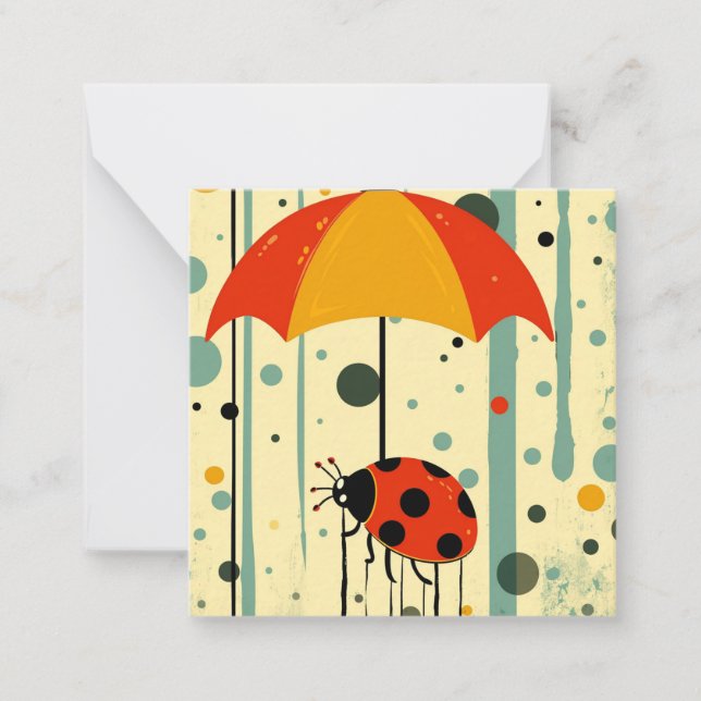 Rain Coming Down, Umbrellas Up: Ladybug Greetings Note Card (Front)