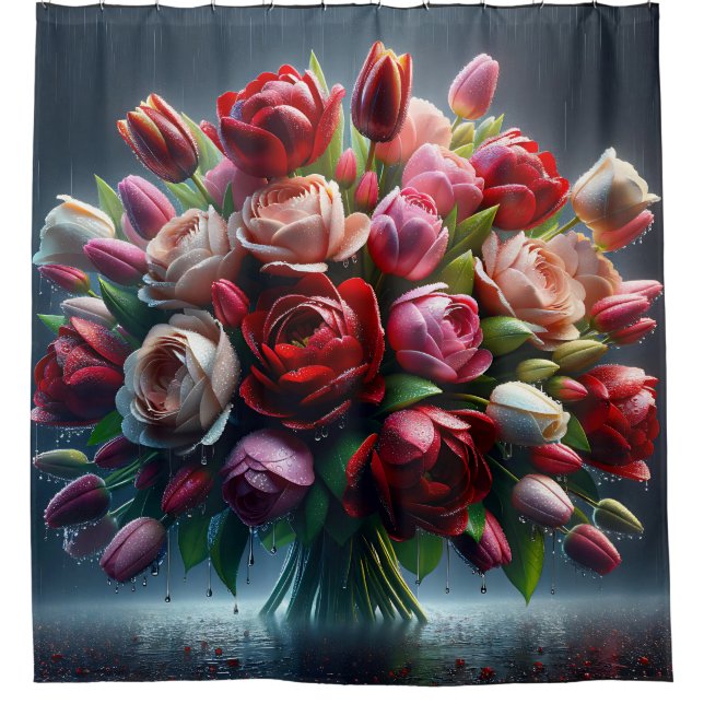 “Rain-Drenched Tulips and Roses Bouquet" Shower Curtain (Front)
