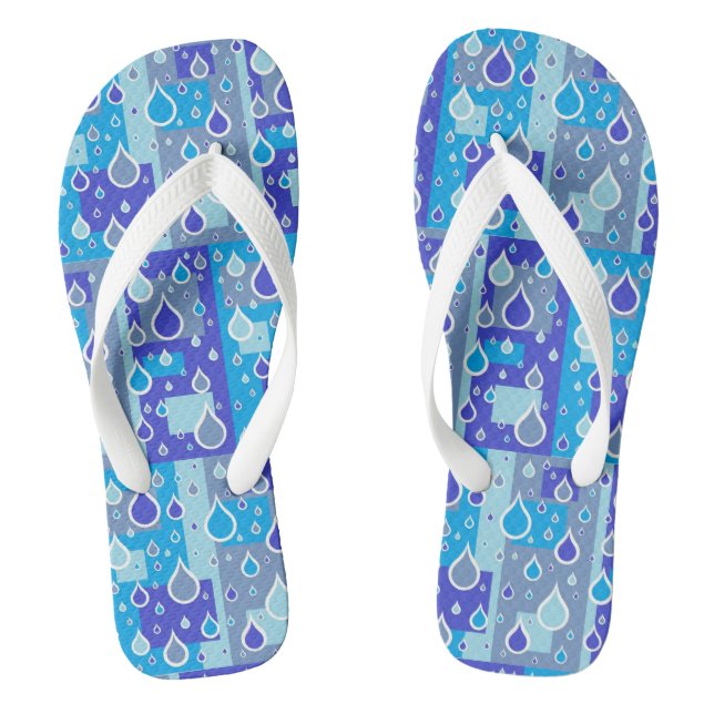 Rain Drops April Showers Multi Blue Design Flip Flops (Footbed)