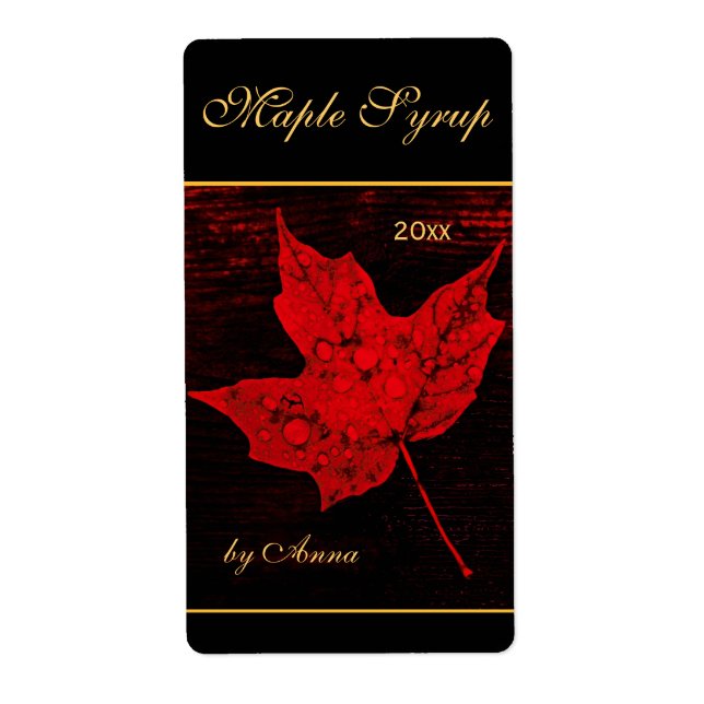 Rain drops on red maple leaf label (Front)