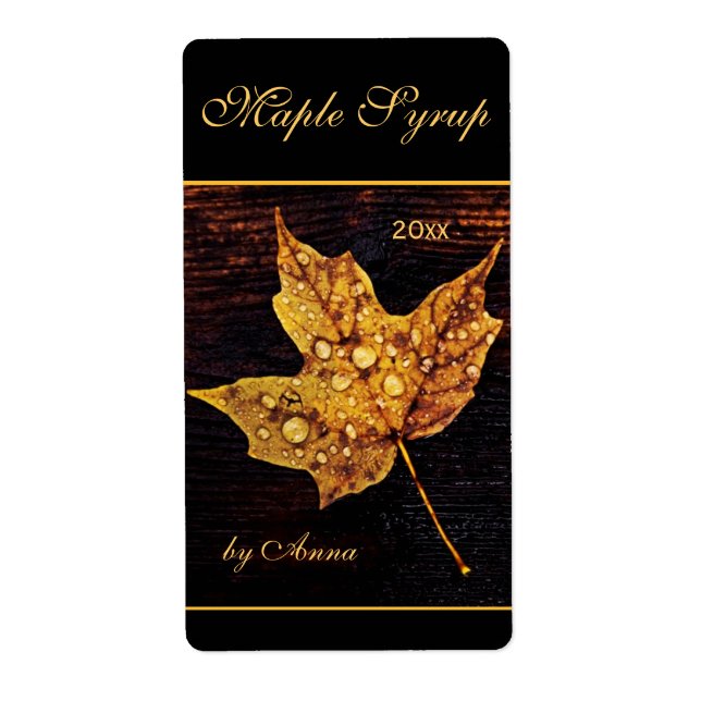 Rain drops on yellow maple leaf label (Front)