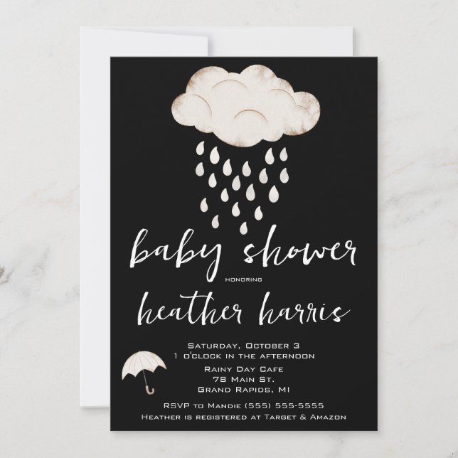 Rain Drops, Rain Cloud, Umbrella Baby Shower Invitation (Front)