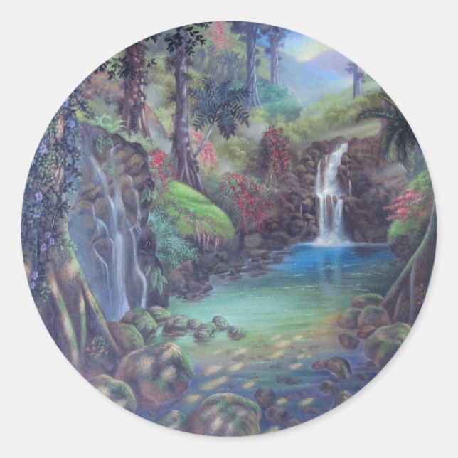 Rain Forest Landscape River Waterfalls Art Classic Round Sticker (Front)