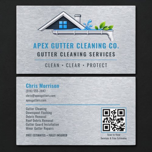 Rain Gutter Cleaning Metallic QR Code Business Card