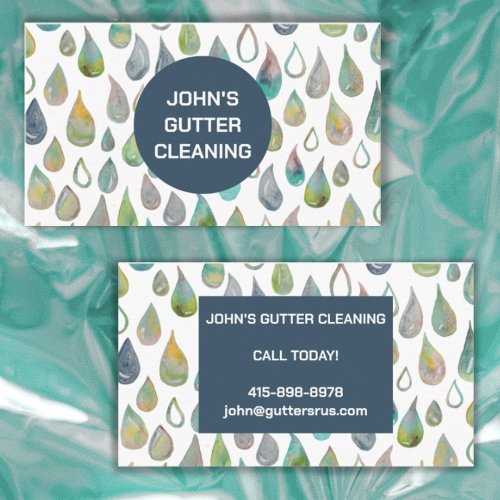 Rain Gutter Roof Cleaning Repair Watercolor Drops  Business Card