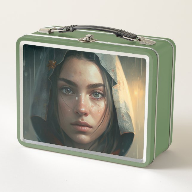 Rain hood girl metal lunch box (Front)