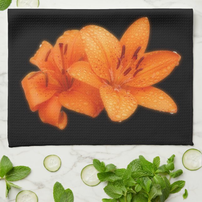 Rain-Kissed Orange Asiatic Tiger Lilies Kitchen Towel (Folded)