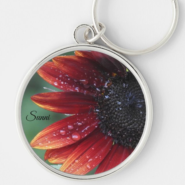 Rain Kissed Red Sunflower *personalize* Keychain (Front)
