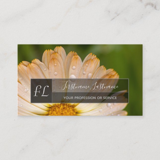 Rain on orange blossom gray rectangle monogram business card (Front)