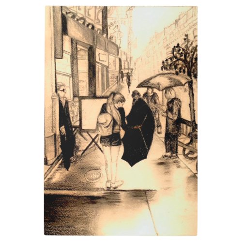 Rain on Rue des Abbesses in charcoal Metal Print