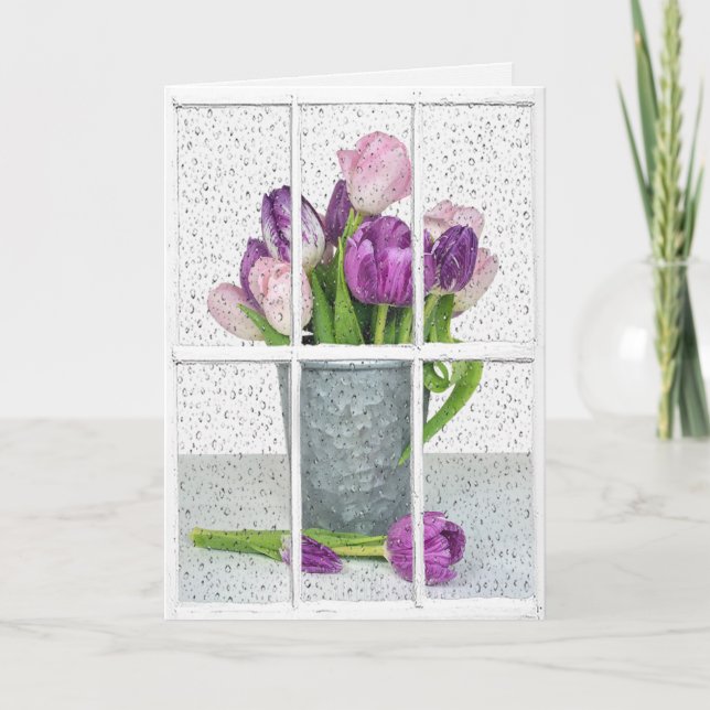 rain on window with tulip bouquet card (Front)