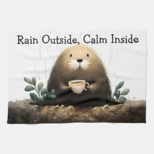 Rain outside, calm inside. Mole Drinking Coffee Kitchen Towel