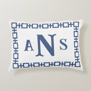 Rain Slate Blue Square Greek Key Monogram Accent Pillow