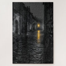 Rain-Soaked Cobblestone Street