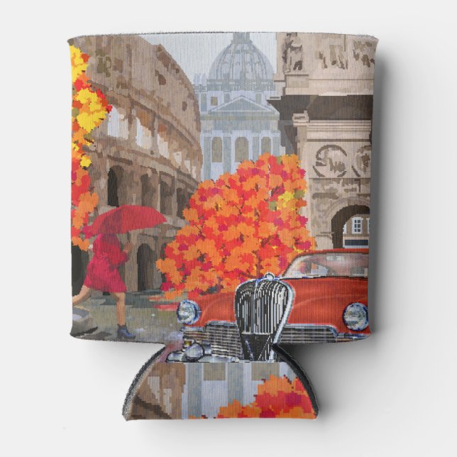 Rain-Soaked Rome Vintage Poster Can Cooler (Front)