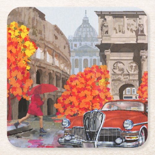 Rain_Soaked Rome Vintage Poster Square Paper Coaster