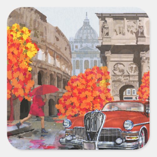 Rain_Soaked Rome Vintage Poster Square Sticker