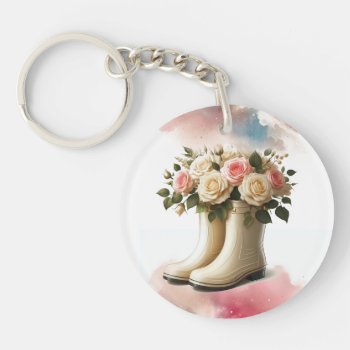 Rainboots And Roses Vintage Style Keychain by seashell2 at Zazzle