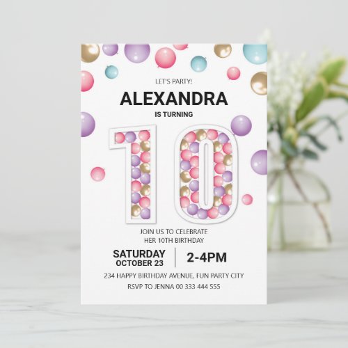 Rainbow 10th Birthday Party Pink Balloon Girl Invitation