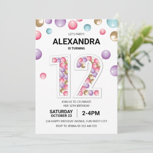 Rainbow 12th Birthday Party Pink Balloon Girl Invitation