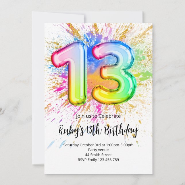 Rainbow 13th Birthday Invitation (Front)