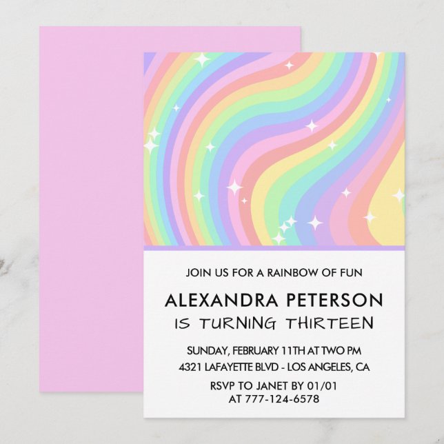Rainbow 13th birthday invitations Pastel Cute (Front/Back)