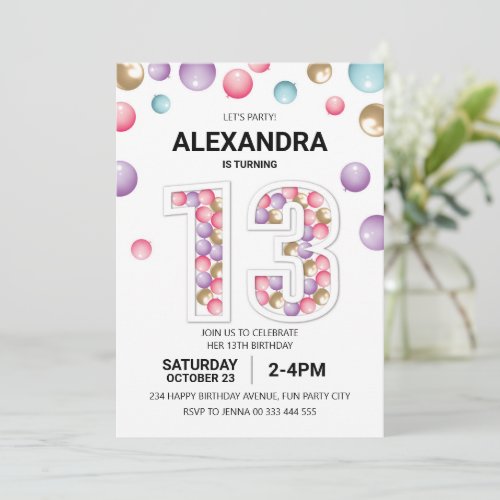 Rainbow 13th Birthday Party Pink Balloon Girl Invitation